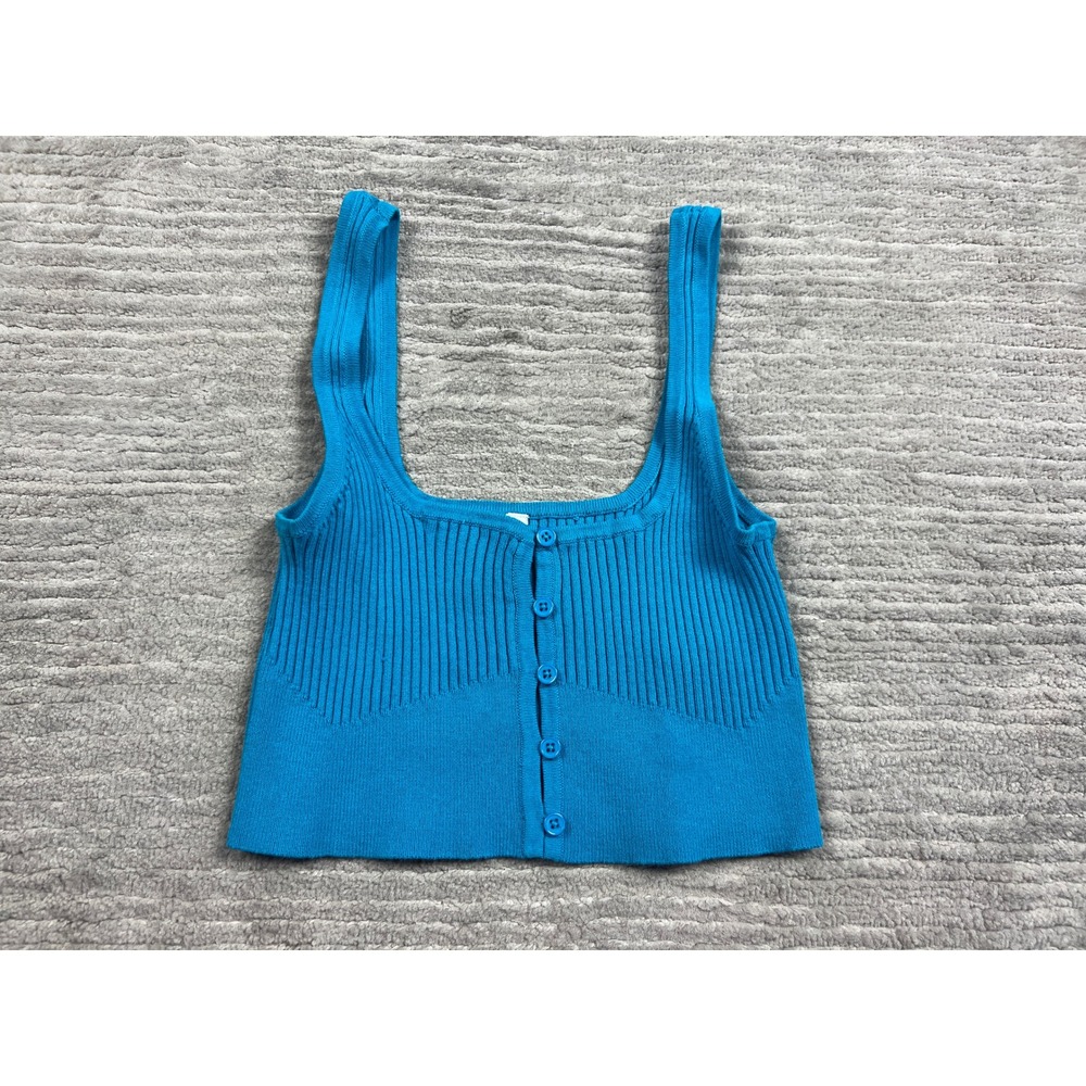 AsYou Tank Top Womens 6 Blue Ribbed Knit Cropped Button Front Square Neck